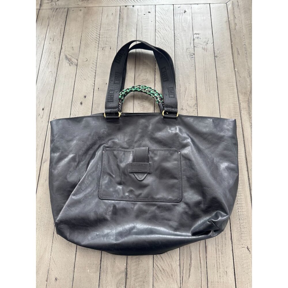 Black Leather Tote Bag with Braided Green Handle Clare V - Picture 3 of 9